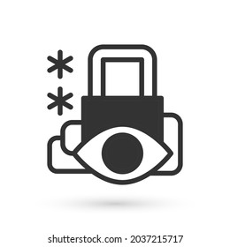 Icono de ciberseguridad gris aislado en fondo blanco. Cerradura cerrada en la tarjeta de circuito digital. Concepto de seguridad. Protección digital de datos.  Vector
