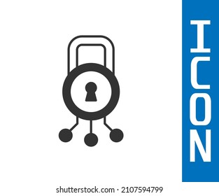 Grey Cyber security icon isolated on white background. Closed padlock on digital circuit board. Safety concept. Digital data protection.  Vector
