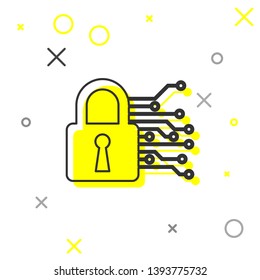 Grey Cyber security line icon isolated on white background. Closed padlock on digital circuit board. Safety concept. Digital data protection. Vector Illustration