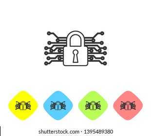 Grey Cyber security line icon on white background. Closed padlock on digital circuit board. Safety concept. Digital data protection. Set icon in color rhombus buttons. Vector Illustration