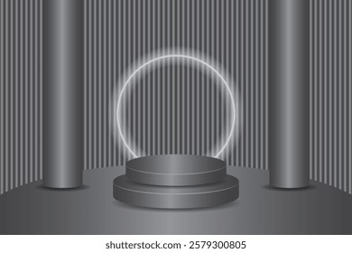 Grey cylindrical futuristic podium, textured wall background and circular light. Elegant design, suitable for product presentations, promotions, or concepts of luxury and exclusivity.