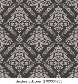 grey damask floral seamless pattern on black background, a refined damask floral pattern designed as an elegant damask floral seamless style for luxury wallpaper and textile decor.