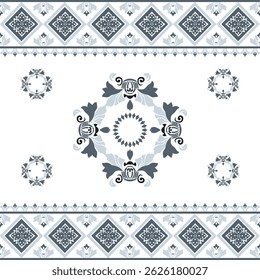 Grey damask seamless background pattern. Abstract geometric pattern with blue circle and leaves. Graphic ornate pattern for wallpaper, backdrops, tile, and textiles. Aztec style.