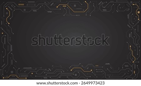 Grey dark circuit wire path frame HUD screen with yellow lines abstract technology business background template