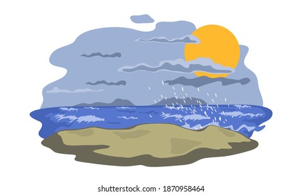 Grey dark sky, raging ocean, big waves, wind. Vector weather change, nature landscape, tropical rain, exotic seascape and desert land design isolated on white background