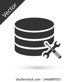 Grey Database server with screwdriver and wrench icon isolated on white background. Adjusting, service, setting, maintenance, repair, fixing.  Vector Illustration