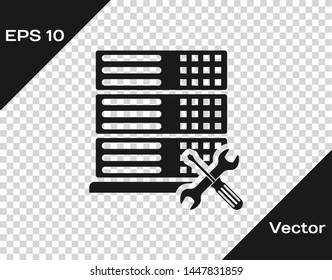 Grey Database server with screwdriver and wrench icon isolated on transparent background. Adjusting, service, setting, maintenance, repair, fixing.  Vector Illustration