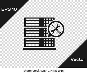 Grey Database server with screwdriver and wrench icon isolated on transparent background. Adjusting, service, setting, maintenance, repair, fixing.  Vector Illustration