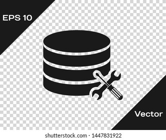 Grey Database server with screwdriver and wrench icon isolated on transparent background. Adjusting, service, setting, maintenance, repair, fixing.  Vector Illustration