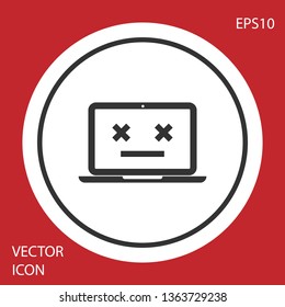Grey Dead laptop icon isolated on red background. 404 error like laptop with dead emoji. Fatal error in pc system. Circle button. Vector Illustration