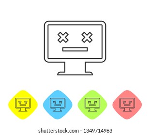 Grey Dead monitor line icon isolated on white background. 404 error like pc with dead emoji. Fatal error in pc system. Set icon in color rhombus buttons. Vector Illustration