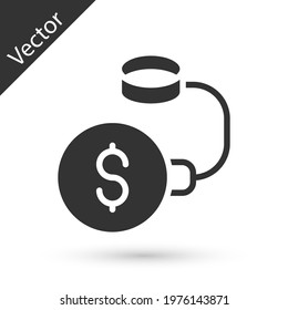 Grey Debt ball chained to dollar coin icon isolated on white background. Big heavy debt weight with shackles and money. Financial crime, fee, crisis.  Vector