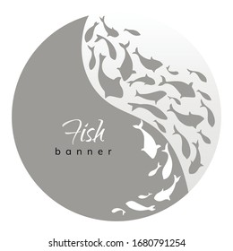 Grey decorative banner with school of fish. Logo template design in sea style.