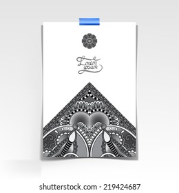 grey decorative sheet of paper with oriental floral design and place for your text, black and white vector illustration