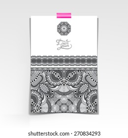 grey decorative sheet of paper with oriental floral design and place for your text, black and white vector illustration