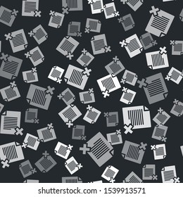 Grey Delete file document icon isolated seamless pattern on black background. Rejected document icon. Cross on paper.  Vector Illustration