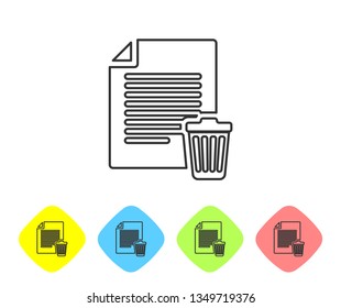 Grey Delete file document line icon isolated on white background. Paper sheet with recycle bin sign. Rejected document icon. Cross on paper. Set icon in color rhombus buttons. Vector Illustration