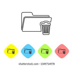 Grey Delete folder line icon on white background. Folder with recycle bin. Delete or error folder. Close computer information folder sign. Set icon in color rhombus buttons. Vector Illustration