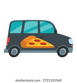 Carro de entrega cinza com uma fatia gigante de pizza de pepperoni promovendo um restaurante fast food