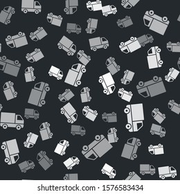 Grey Delivery cargo truck vehicle icon isolated seamless pattern on black background.  Vector Illustration
