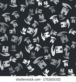 Grey Delivery hand with cardboard boxes icon isolated seamless pattern on black background. Door to door delivery by courier. Vector Illustration