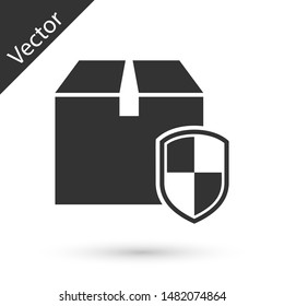 Grey Delivery pack security symbol with shield icon isolated on white background. Delivery insurance. Insured cardboard boxes beyond the shield.  Vector Illustration