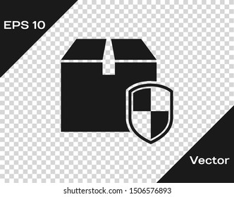 Grey Delivery pack security symbol with shield icon isolated on transparent background. Delivery insurance. Insured cardboard boxes beyond the shield.  Vector Illustration