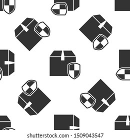 Grey Delivery pack security symbol with shield icon isolated seamless pattern on white background. Delivery insurance. Insured cardboard boxes beyond the shield.  Vector Illustration