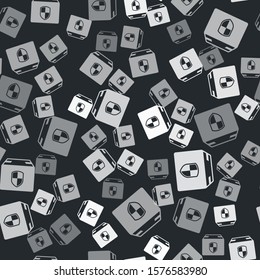 Grey Delivery pack security symbol with shield icon isolated seamless pattern on black background. Delivery insurance. Insured cardboard boxes beyond the shield.  Vector Illustration