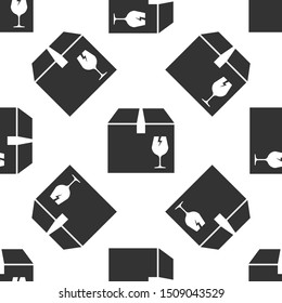 Grey Delivery package box with fragile content symbol of broken glass icon isolated seamless pattern on white background. Box, package, parcel sign.  Vector Illustration