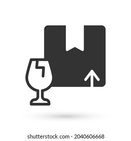 Grey Delivery package box with fragile content symbol of broken glass icon isolated on white background. Box, package, parcel sign.  Vector