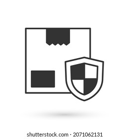 Grey Delivery security with shield icon isolated on white background. Delivery insurance. Insured cardboard boxes beyond the shield.  Vector