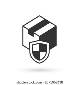 Seguridad de Gray Delivery con icono de escudo aislado en fondo blanco. Seguro de entrega. Cajas de cartón aseguradas más allá del escudo.  Vector