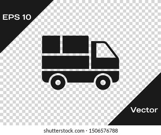 Grey Delivery truck with cardboard boxes behind icon isolated on transparent background.  Vector Illustration
