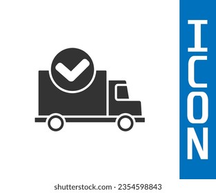 Grey Delivery truck with check mark icon isolated on white background.  Vector Illustration