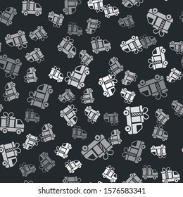Grey Delivery truck with gift icon isolated seamless pattern on black background.  Vector Illustration