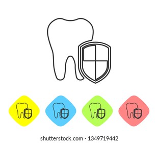 Grey Dental protection line icon isolated on white background. Tooth on shield logo. Set icon in color rhombus buttons. Vector Illustration