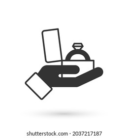 Grey Diamond engagement ring in a box icon isolated on white background.  Vector