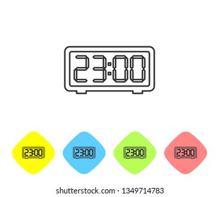 Grey Digital alarm clock line icon isolated on white background. Electronic watch alarm clock. Time icon. Set icon in color rhombus buttons. Vector Illustration