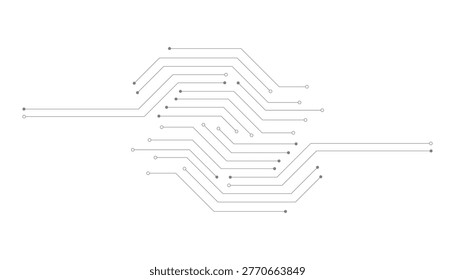 Grey digital circuit board lines and dots pattern forming a central interconnected shape on a plain white background