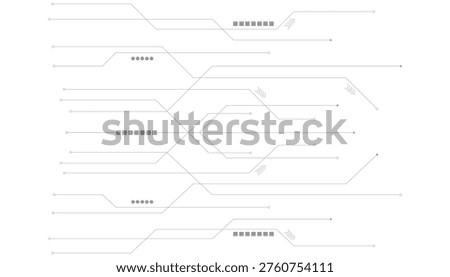 Grey digital circuit board lines with geometric shapes and arrow symbols on a white background