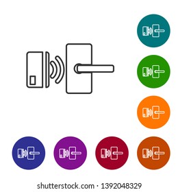 Grey Digital door lock with wireless technology for unlock line icon on white background. Door handle sign. Security smart home of concept. Set icon in color circle buttons. Vector Illustration