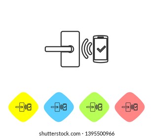 Grey Digital door lock with wireless technology for unlock line icon on white background. Door handle sign. Security smart home of concept. Set icon in color rhombus buttons. Vector Illustration