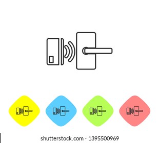 Grey Digital door lock with wireless technology for unlock line icon on white background. Door handle sign. Security smart home of concept. Set icon in color rhombus buttons. Vector Illustration