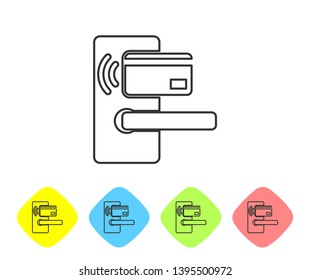 Grey Digital door lock with wireless technology for unlock line icon on white background. Door handle sign. Security smart home of concept. Set icon in color rhombus buttons. Vector Illustration