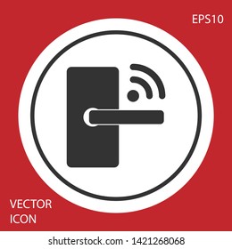 Grey Digital door lock with wireless technology for unlock icon isolated on red background. Door handle sign. Security smart home of concept. White circle button. Vector Illustration