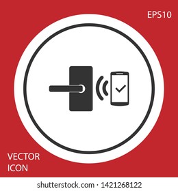 Grey Digital door lock with wireless technology for unlock icon isolated on red background. Door handle sign. Security smart home of concept. White circle button. Vector Illustration