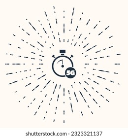 Diseño del medidor de velocidad digital gris con icono 5G aislado en fondo beige. Tecnología de velocidad de datos de conexión de alta velocidad de red global. Resumen de puntos aleatorios de círculo. Vector