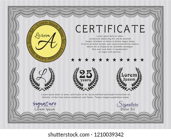 Grey Diploma or certificate template. Artistry design. Customizable, Easy to edit and change colors. With guilloche pattern and background. 