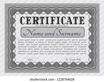 Grey Diploma or certificate template. With complex linear background. Detailed. Superior design. 